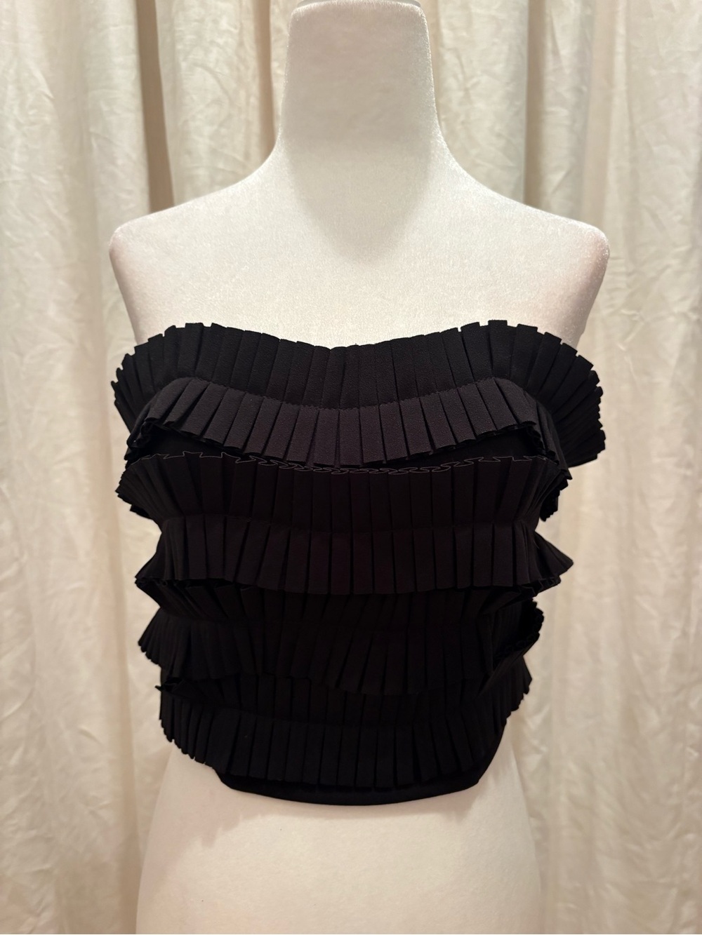 Lavish Black Strapless Pleated Ruffle Crop